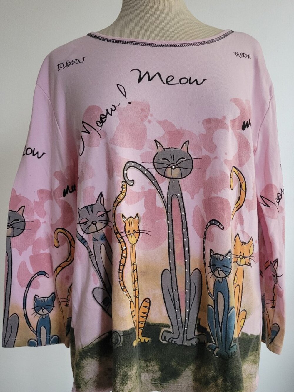 Jess & Jane Meow Meow Cat Print Top Large 100% Cotton USA Novelty Artwear